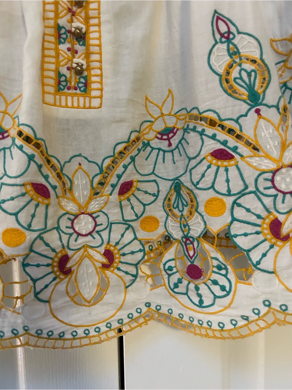 Embroidered White Cotton Peasant Top with Yellow & Teal Accents - Picture 3 of 8